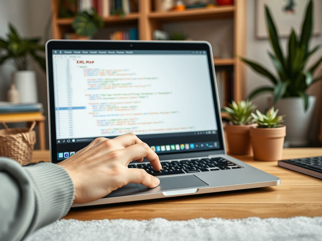 На столе ноутбук, на экране виден код XML, рядом горшочные растения и клавиатура. Рука на клавиатуре.
