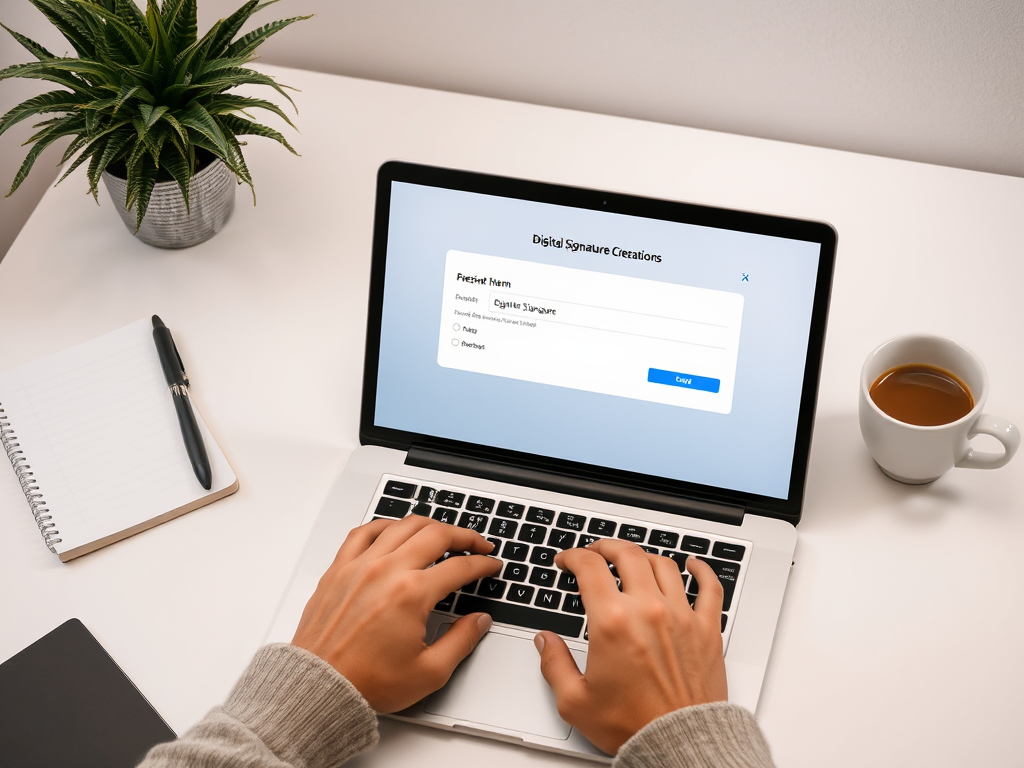 На столе ноутбук с открытым окном создания цифровой подписи и чашка кофе. Рядом блокнот и ручка.