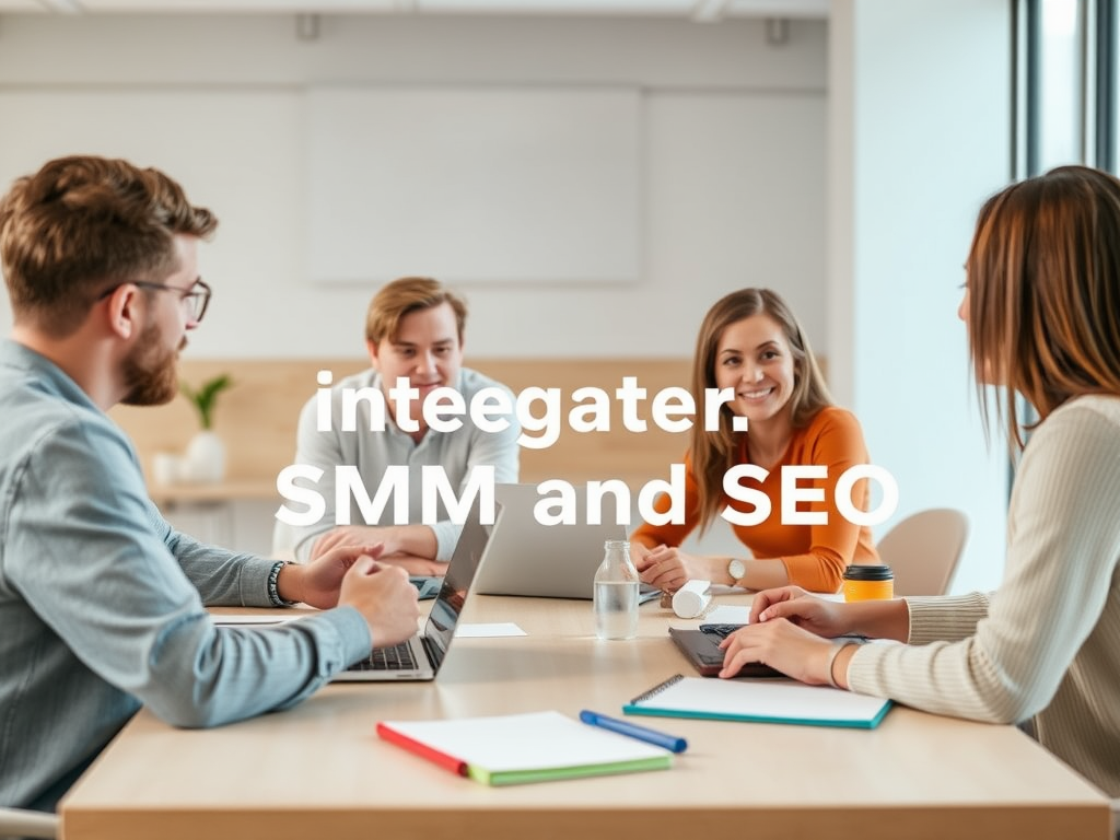 Четыре человека на собрании, обсуждают SMM и SEO. На столе ноутбук и блокнот. Яркое освещение.