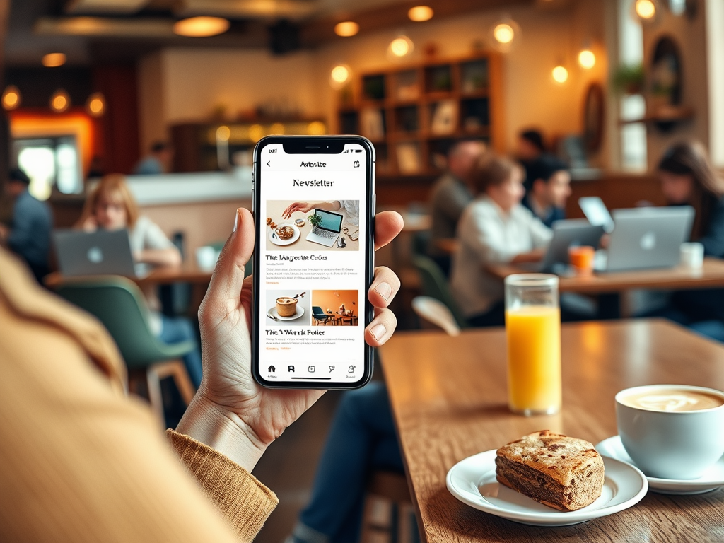 На изображении рука держит смартфон с рассылкой новостей на фоне кафе и людей за ноутбуками.