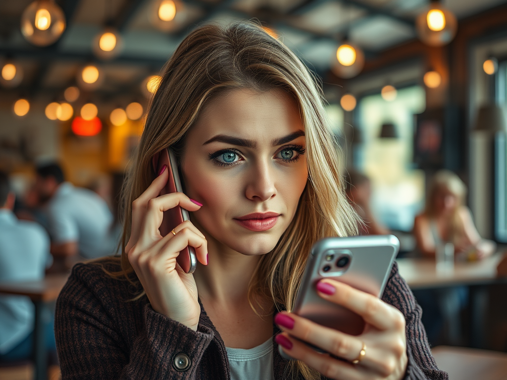 Женщина с длинными светлыми волосами говорит по телефону и смотрит на смартфон в кафе.