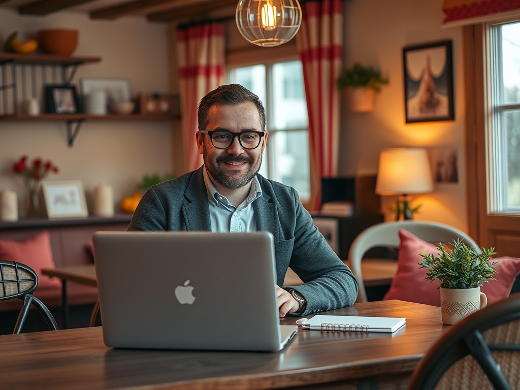 Улыбающийся человек в очках сидит за столом с ноутбуком в уютном кафе. На столе блокнот и маленькое растение.