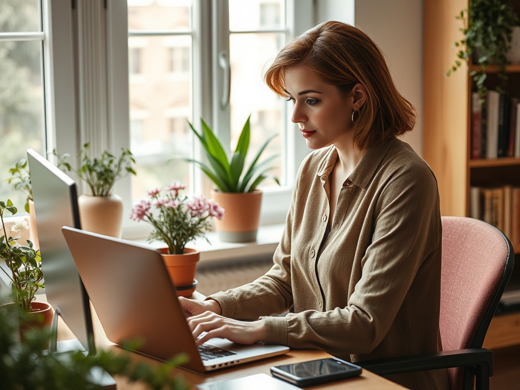 Женщина работает за ноутбуком в уютном офисе, окруженная растениями и солнечным светом.