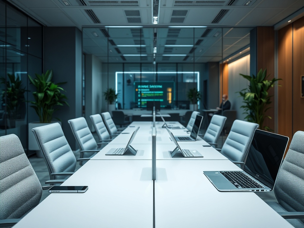 Современный офис с длинным столом, несколько ноутбуков и стульев, стены из стекла и зелёные растения.