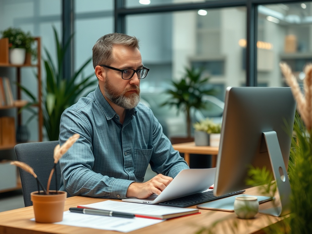Мужчина с бородой в очках работает за компьютером в офисе, окружённом зелёными растениями.