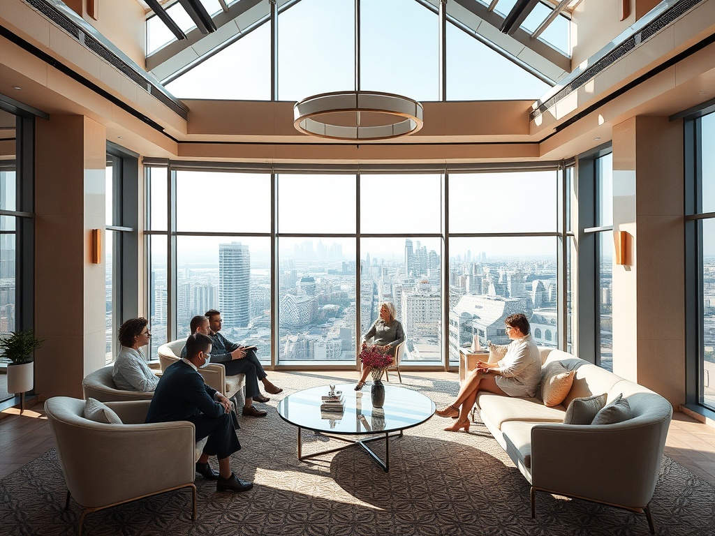 Совещание в офисе с видом на город. Шесть людей обсуждают идеи на фоне больших окон и современного интерьера.