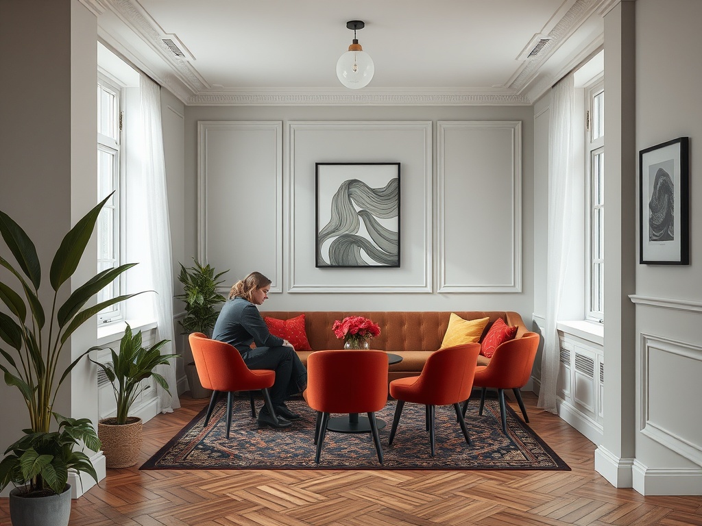 Современный уютный интерьер с оранжевыми креслами и боком, человек сидит и размышляет.