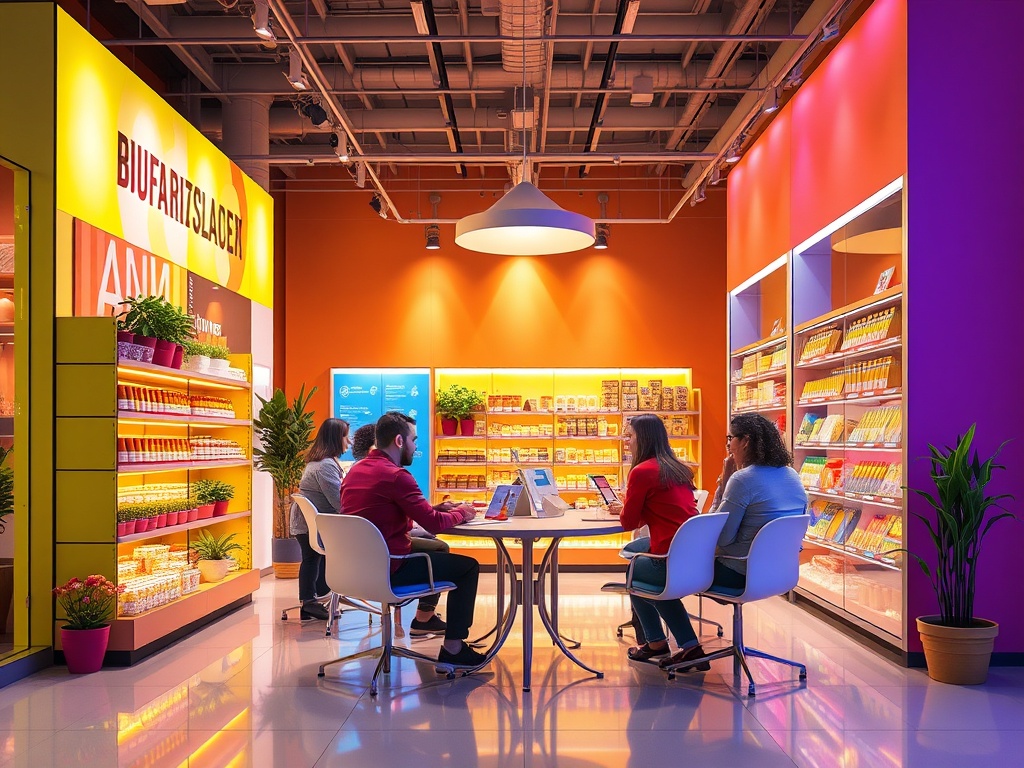 Группа людей обсуждает идеи в ярком магазине с полками, заполненными товарами и растениями.